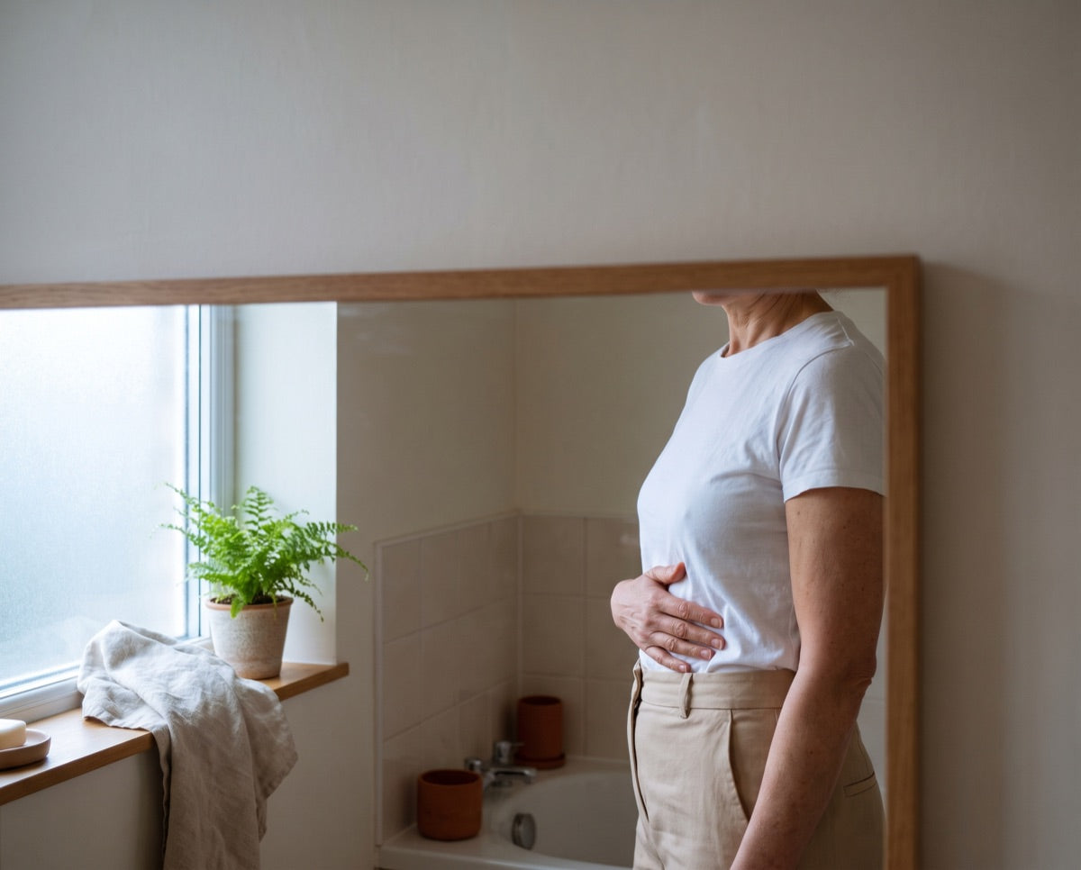 Photo: side-on in the bathroom mirror, flat stomach, morning light