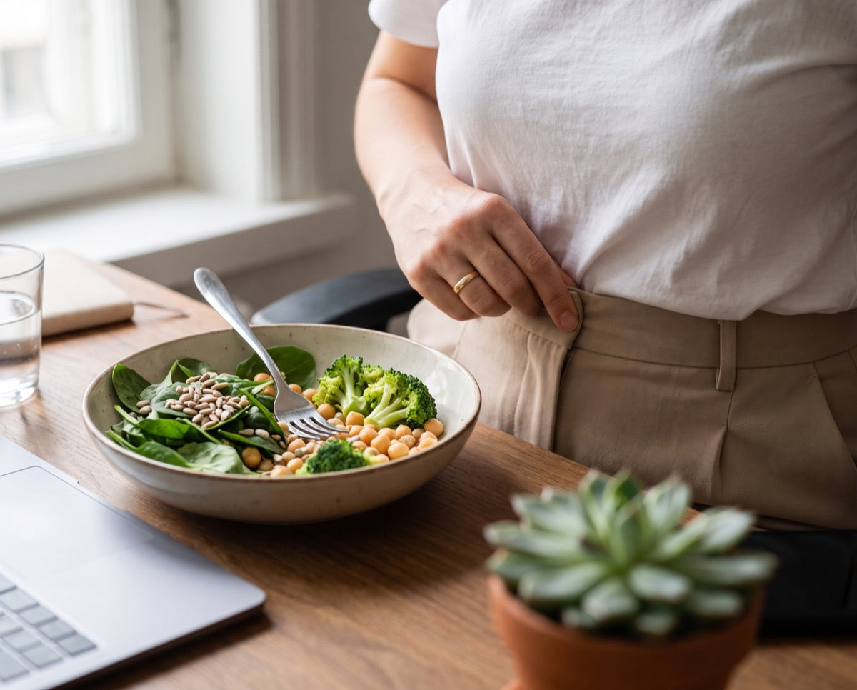 Photo: big raw salad on a desk, fork down, hand at the waistband